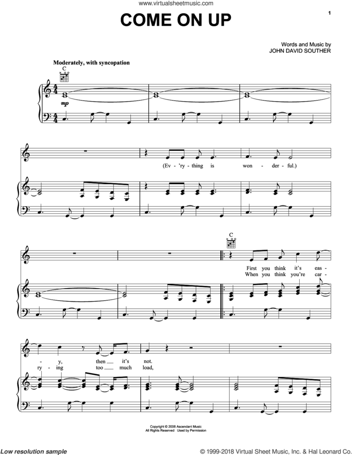 Come On Up sheet music for voice, piano or guitar by John David Souther, intermediate skill level
