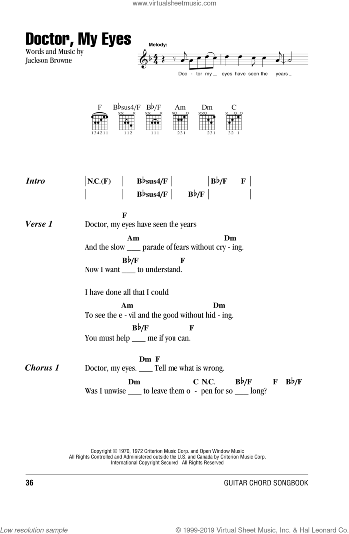 Doctor, My Eyes sheet music for guitar (chords) by Jackson Browne, intermediate skill level