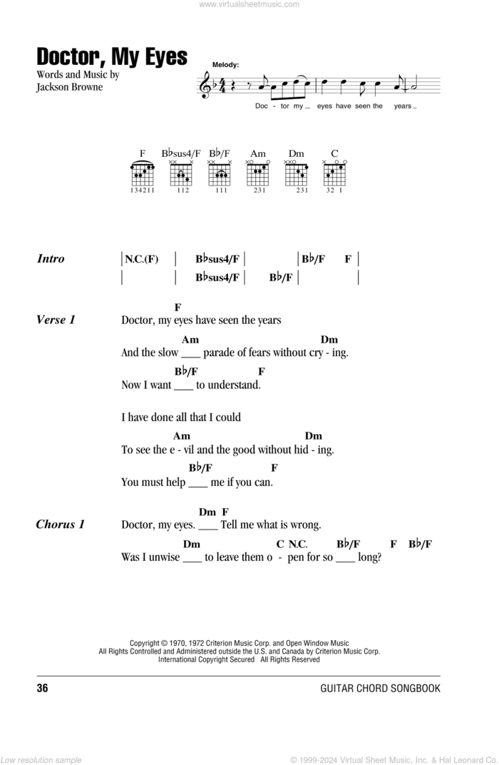 Doctor, My Eyes sheet music for guitar (chords) by Jackson Browne, intermediate skill level