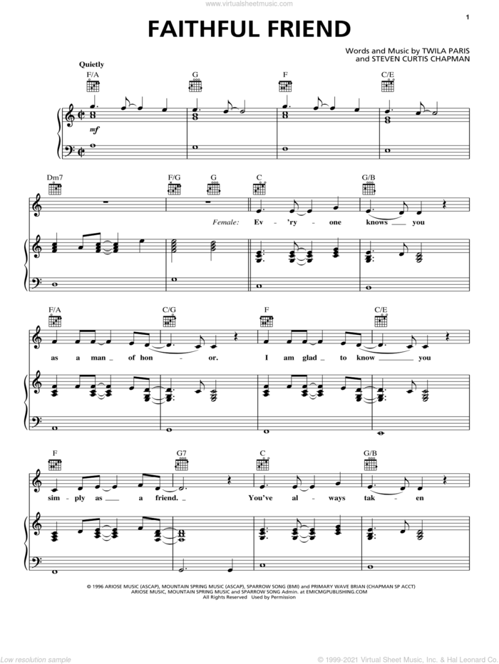 Faithful Friend sheet music for voice, piano or guitar by Twila Paris & Steven Curtis Chapman, Steven Curtis Chapman and Twila Paris, wedding score, intermediate skill level