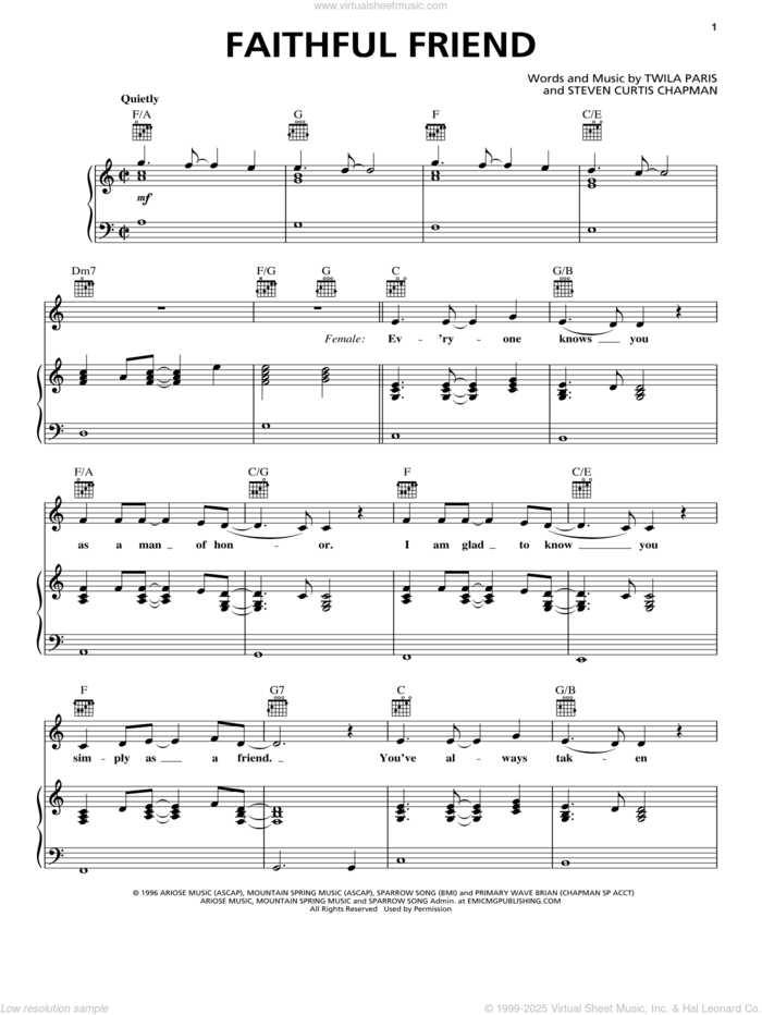 Faithful Friend sheet music for voice, piano or guitar by Twila Paris & Steven Curtis Chapman, Steven Curtis Chapman and Twila Paris, wedding score, intermediate skill level