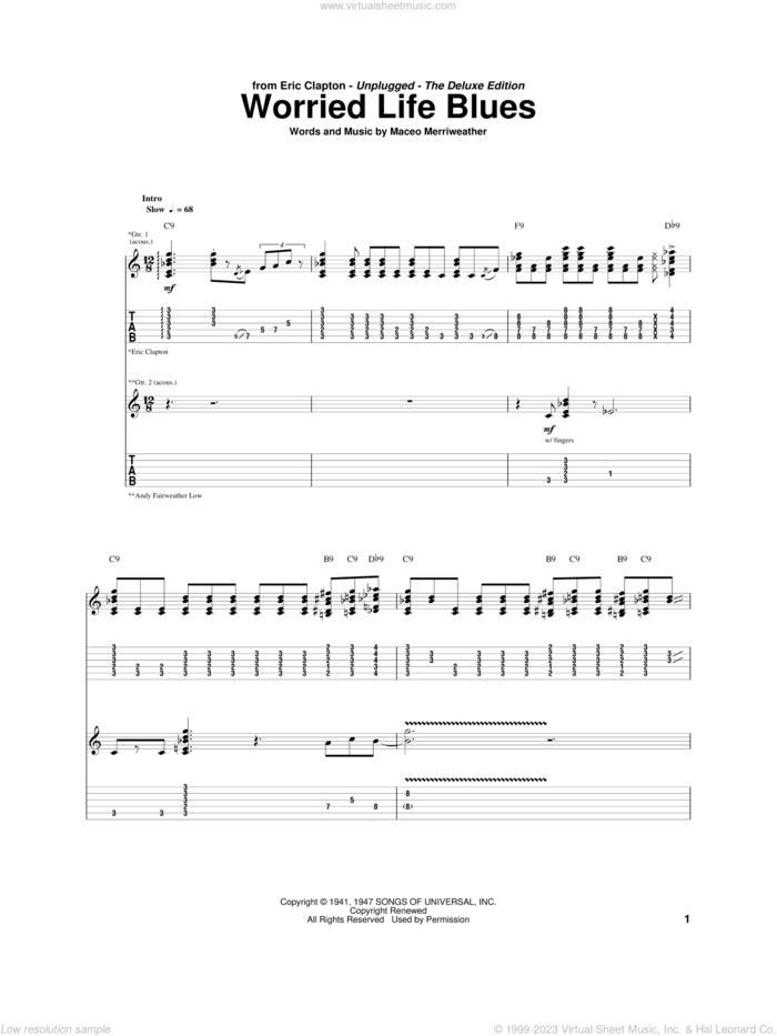 Worried Life Blues sheet music for guitar (tablature) by Eric Clapton and Maceo Merriweather, intermediate skill level