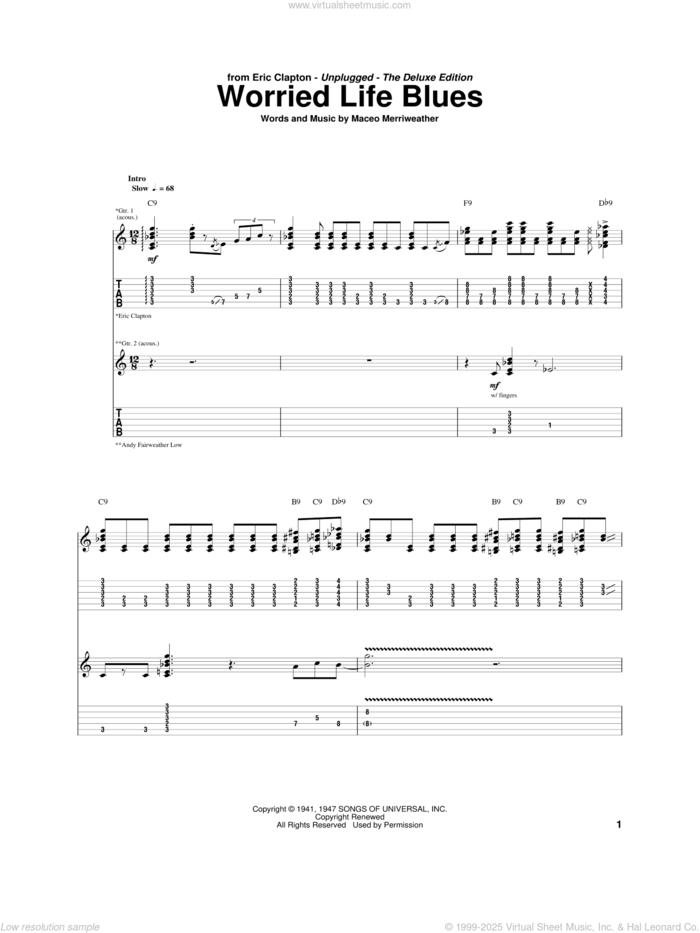 Worried Life Blues sheet music for guitar (tablature) by Eric Clapton and Maceo Merriweather, intermediate skill level