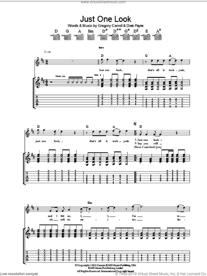 Just One Look sheet music for guitar (tablature) by The Hollies, Doris Payne and Gregory Carroll, intermediate skill level