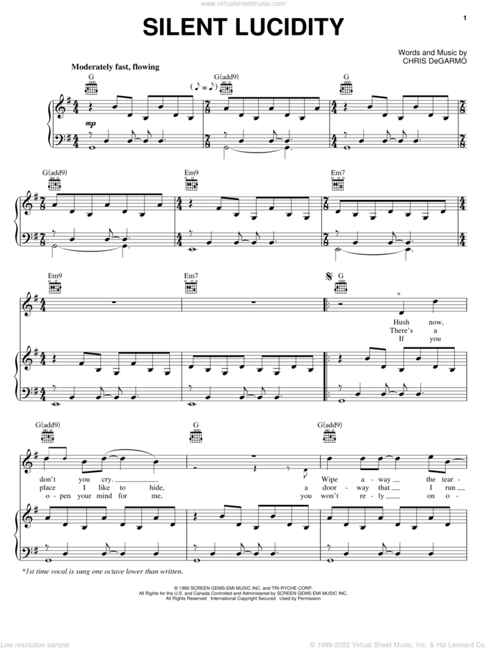 Silent Lucidity sheet music for voice, piano or guitar by Queensryche and Chris DeGarmo, intermediate skill level