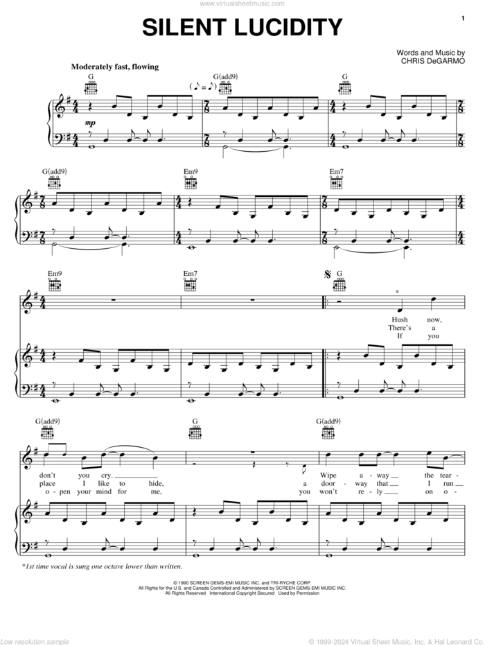 Silent Lucidity sheet music for voice, piano or guitar by Queensryche and Chris DeGarmo, intermediate skill level