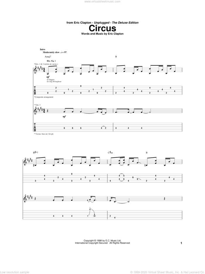 Circus sheet music for guitar (tablature) by Eric Clapton, intermediate skill level