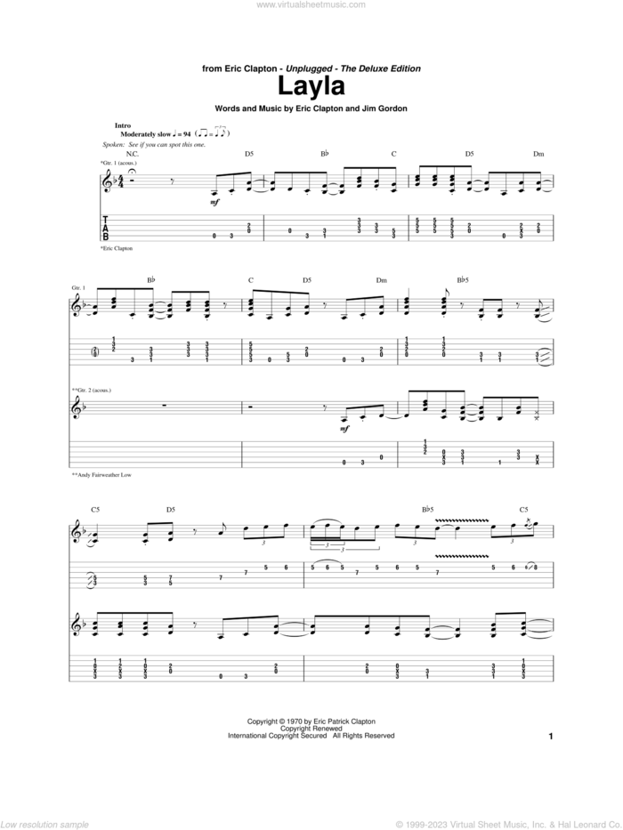 Layla sheet music for guitar (tablature) by Eric Clapton, Derek And The Dominos and Jim Gordon, intermediate skill level