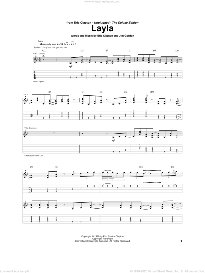 Layla sheet music for guitar (tablature) by Eric Clapton, Derek And The Dominos and Jim Gordon, intermediate skill level