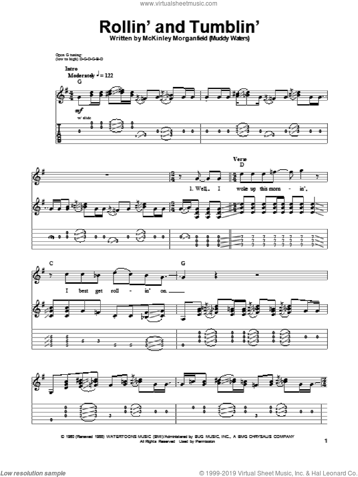 Rollin' And Tumblin' sheet music for guitar (tablature, play-along) by Eric Clapton and Muddy Waters, intermediate skill level