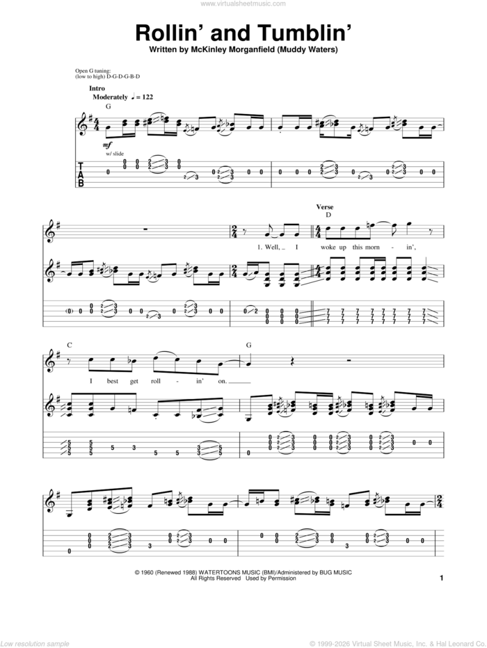 Rollin' And Tumblin' sheet music for guitar (tablature, play-along) by Eric Clapton and Muddy Waters, intermediate skill level