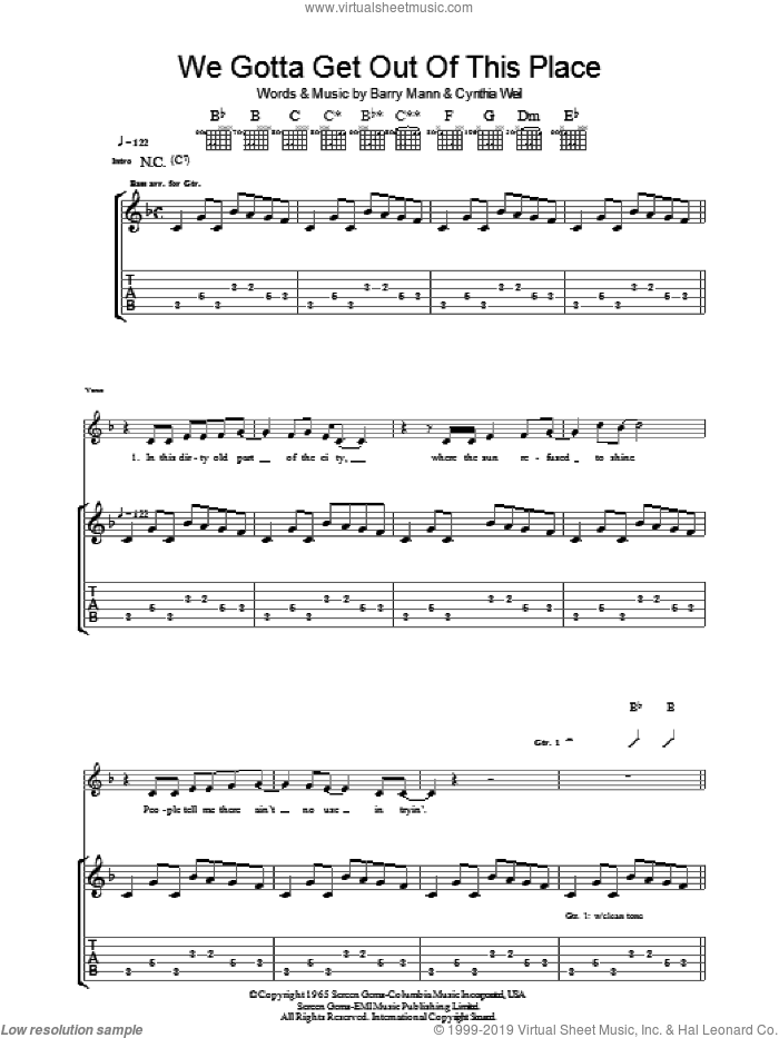 We Gotta Get Out Of This Place sheet music for guitar (tablature) by The Animals, Barry Mann and Cynthia Weil, intermediate skill level