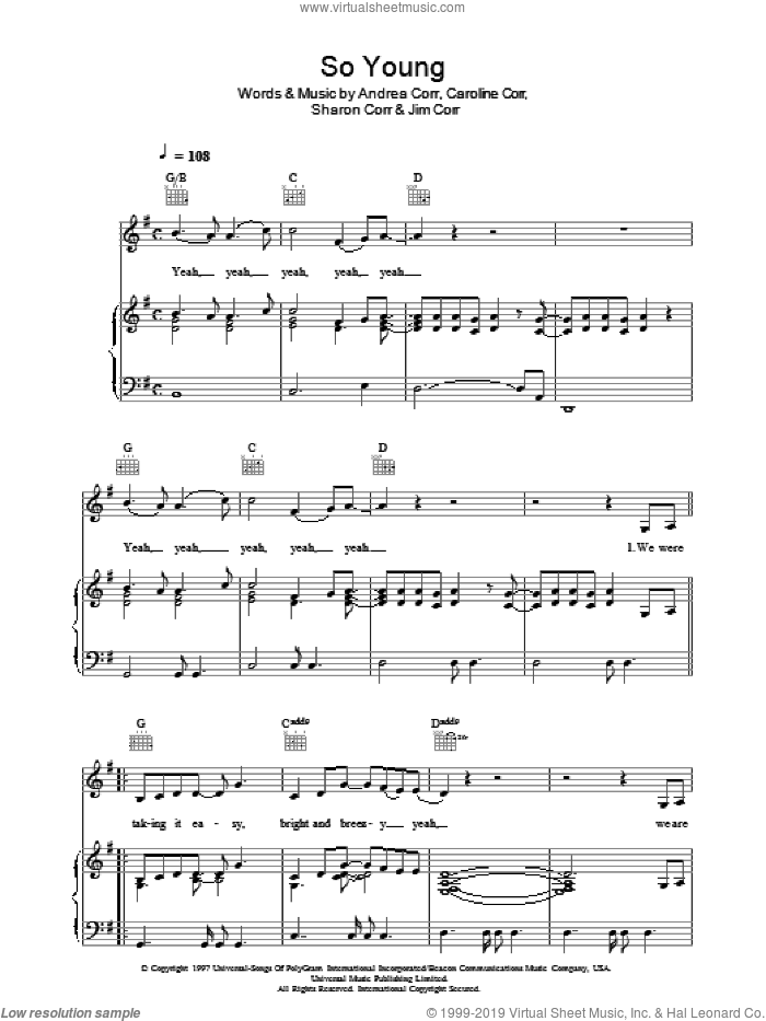 So Young sheet music for voice, piano or guitar by The Corrs, Andrea Corr, Caroline Corr, Jim Corr and Sharon Corr, intermediate skill level