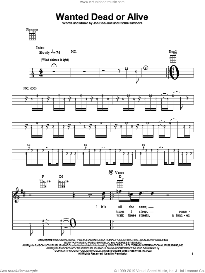 Wanted Dead Or Alive sheet music for ukulele by Bon Jovi, Chris Daughtry and Richie Sambora, intermediate skill level