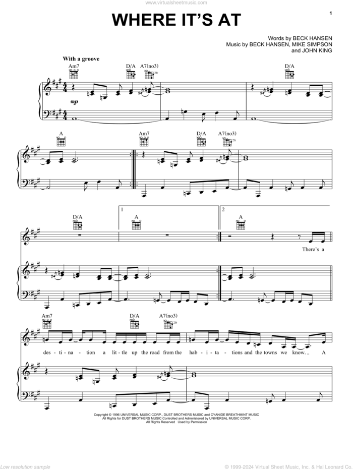 Where It's At sheet music for voice, piano or guitar by Beck Hansen, John King and Mike Simpson, intermediate skill level