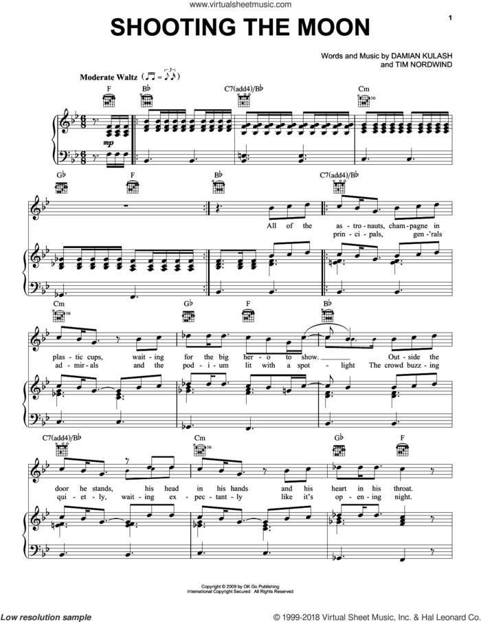 Shooting The Moon sheet music for voice, piano or guitar by OK Go, Miscellaneous, Damian Kulash and Tim Nordwind, intermediate skill level