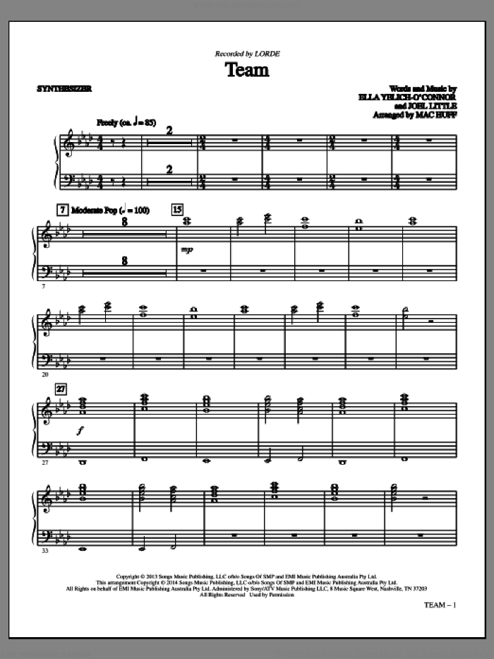 Team (complete set of parts) sheet music for orchestra/band by Mac Huff, Joel Little and Lorde, intermediate skill level