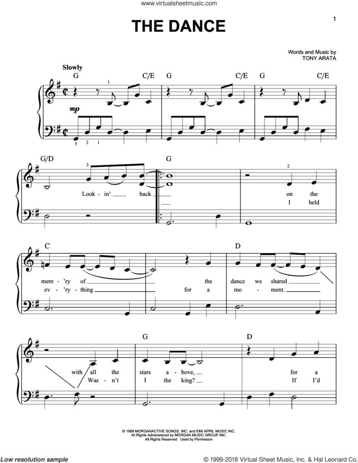 The Dance sheet music for piano solo by Garth Brooks and Tony Arata, beginner skill level