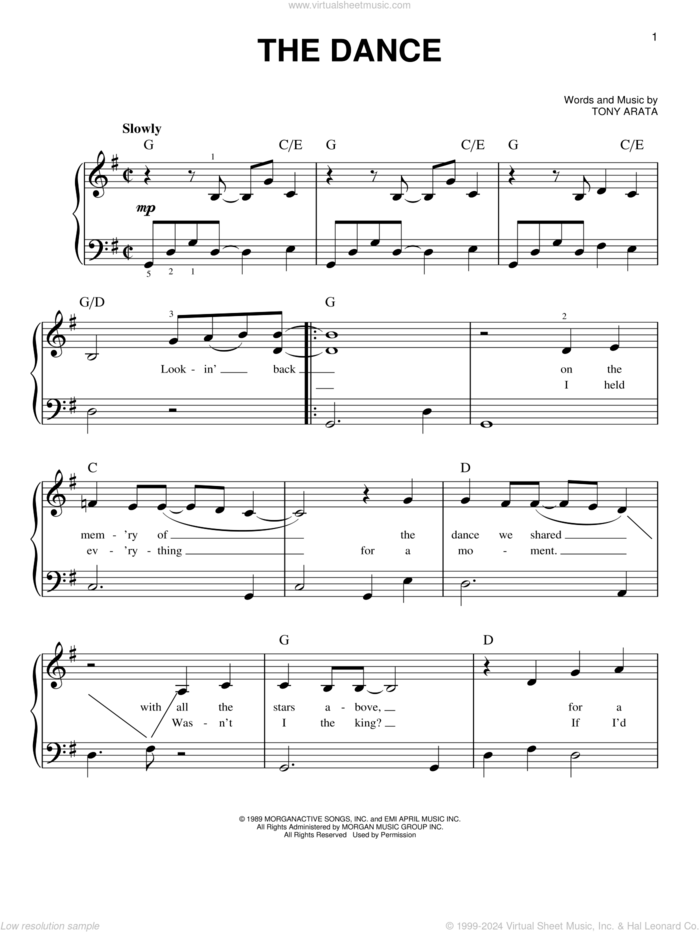 The Dance sheet music for piano solo by Garth Brooks and Tony Arata, beginner skill level