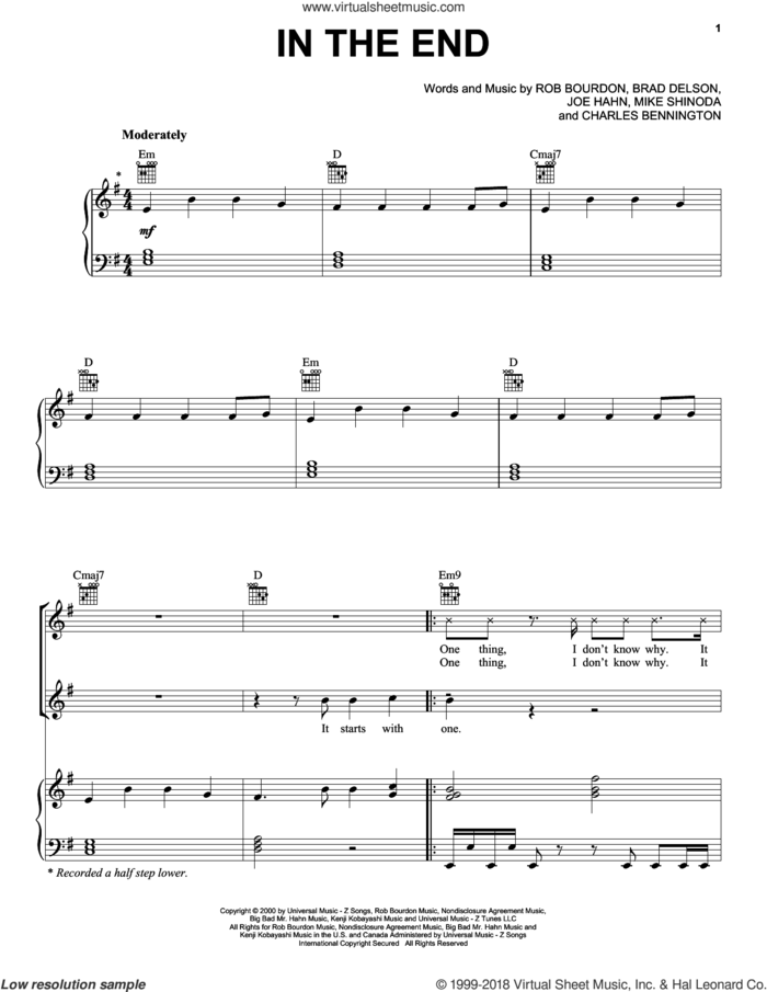 In The End sheet music for voice, piano or guitar by Linkin Park, Brad Delson, Charles Bennington, Joe Hahn, Mike Shinoda and Rob Bourdon, intermediate skill level