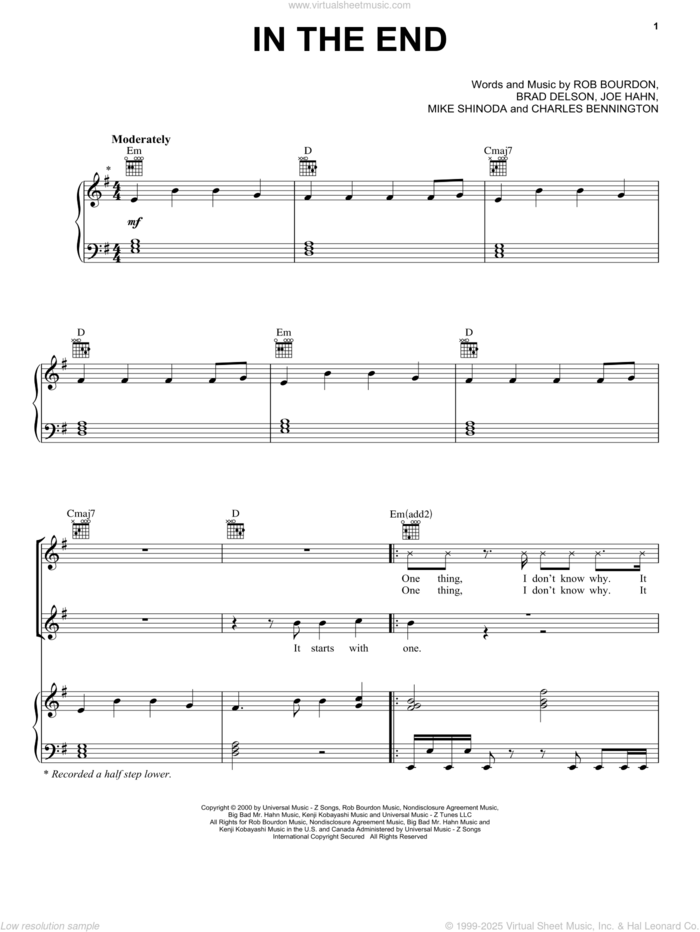 In The End sheet music for voice, piano or guitar by Linkin Park, Brad Delson, Charles Bennington, Joe Hahn, Mike Shinoda and Rob Bourdon, intermediate skill level