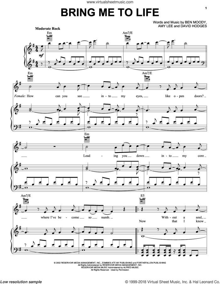 Bring Me To Life sheet music for voice, piano or guitar by Evanescence, Amy Lee, Ben Moody and David Hodges, intermediate skill level