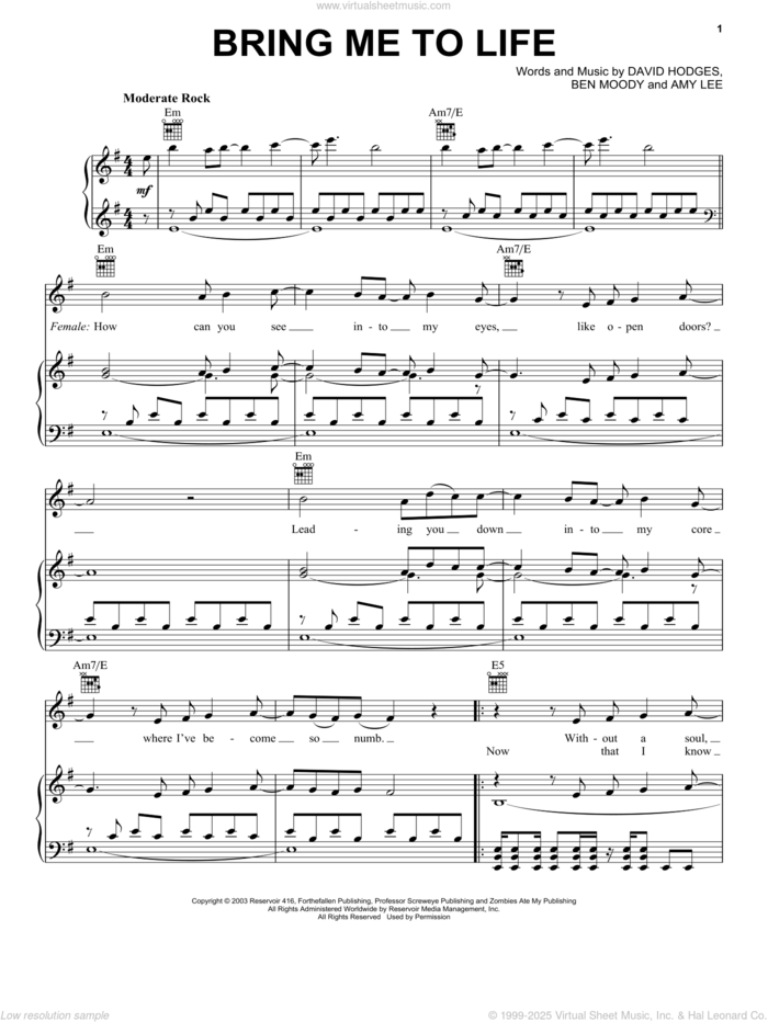 Bring Me To Life sheet music for voice, piano or guitar by Evanescence, Amy Lee, Ben Moody and David Hodges, intermediate skill level