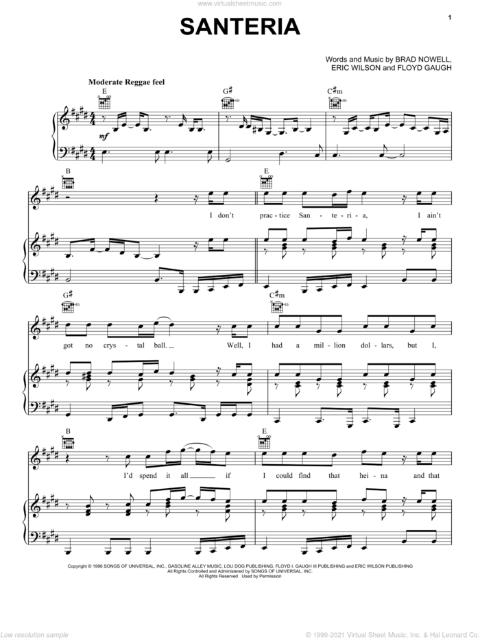 Santeria sheet music for voice, piano or guitar by Sublime, Brad Nowell, Eric Wilson and Floyd Gaugh, intermediate skill level