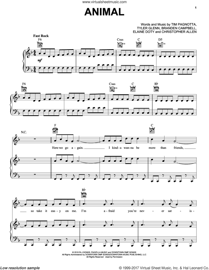 Animal sheet music for voice, piano or guitar by Neon Trees, Branden Campbell, Christopher Allen, Elaine Doty, Tim Pagnotta and Tyler Glenn, intermediate skill level