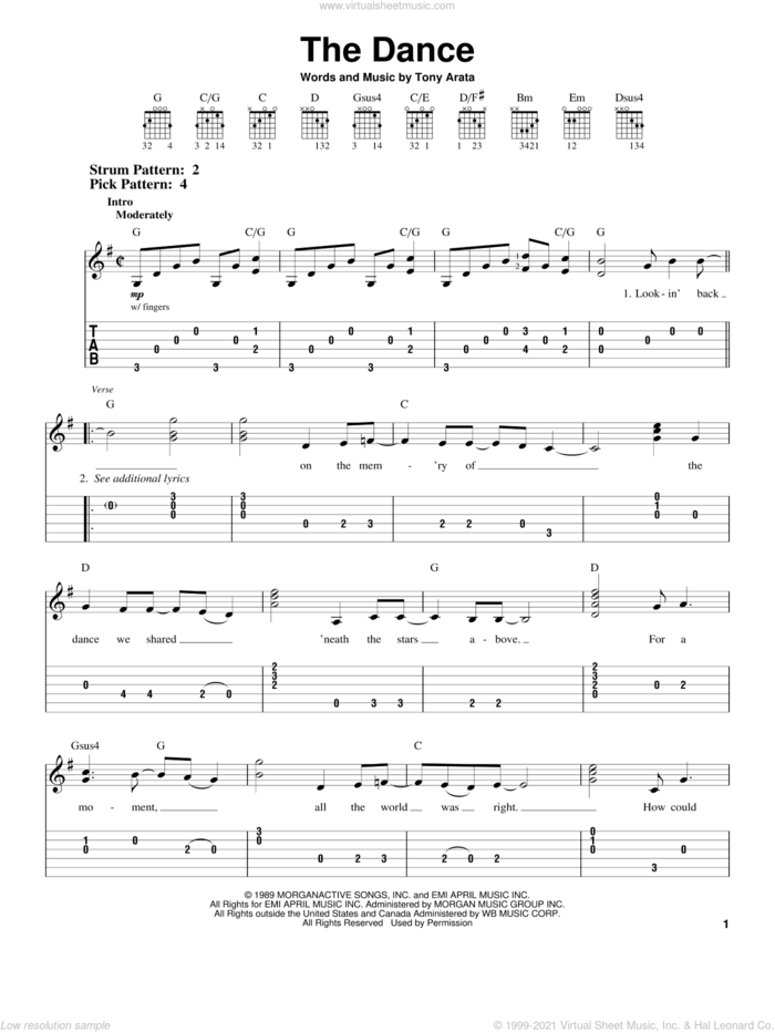 The Dance sheet music for guitar solo (easy tablature) by Garth Brooks and Tony Arata, easy guitar (easy tablature)