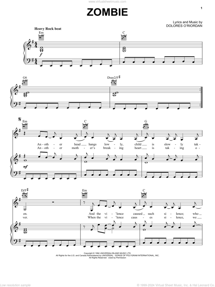 Zombie sheet music for voice, piano or guitar by The Cranberries, intermediate skill level