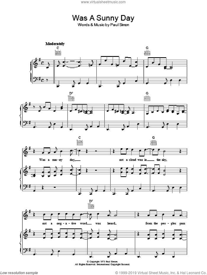 Was A Sunny Day sheet music for voice, piano or guitar by Paul Simon, intermediate skill level