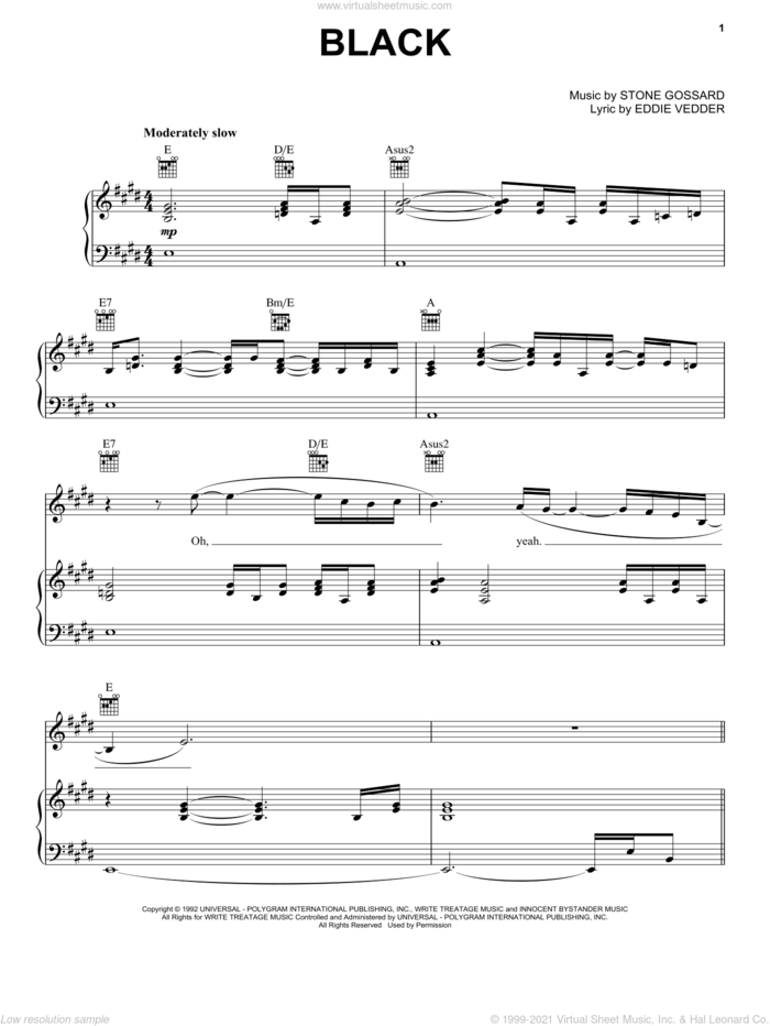 Black sheet music for voice, piano or guitar by Pearl Jam, Eddie Vedder and Stone Gossard, intermediate skill level