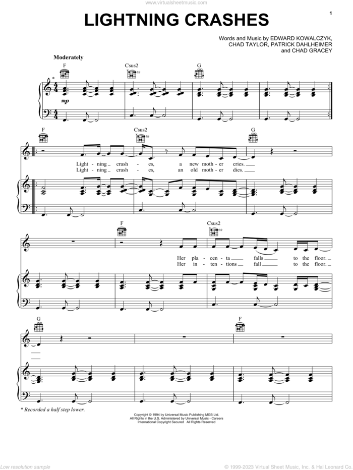 Lightning Crashes sheet music for voice, piano or guitar by Live, Chad Gracey, Chad Taylor, Edward Kowalczyk and Patrick Dahlheimer, intermediate skill level