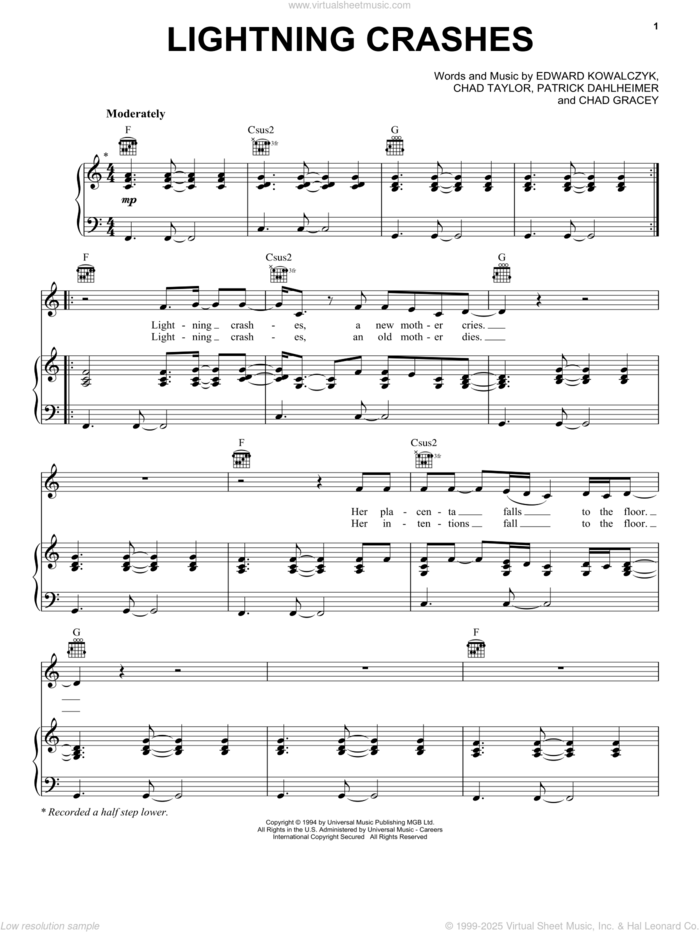 Lightning Crashes sheet music for voice, piano or guitar by Live, Chad Gracey, Chad Taylor, Edward Kowalczyk and Patrick Dahlheimer, intermediate skill level