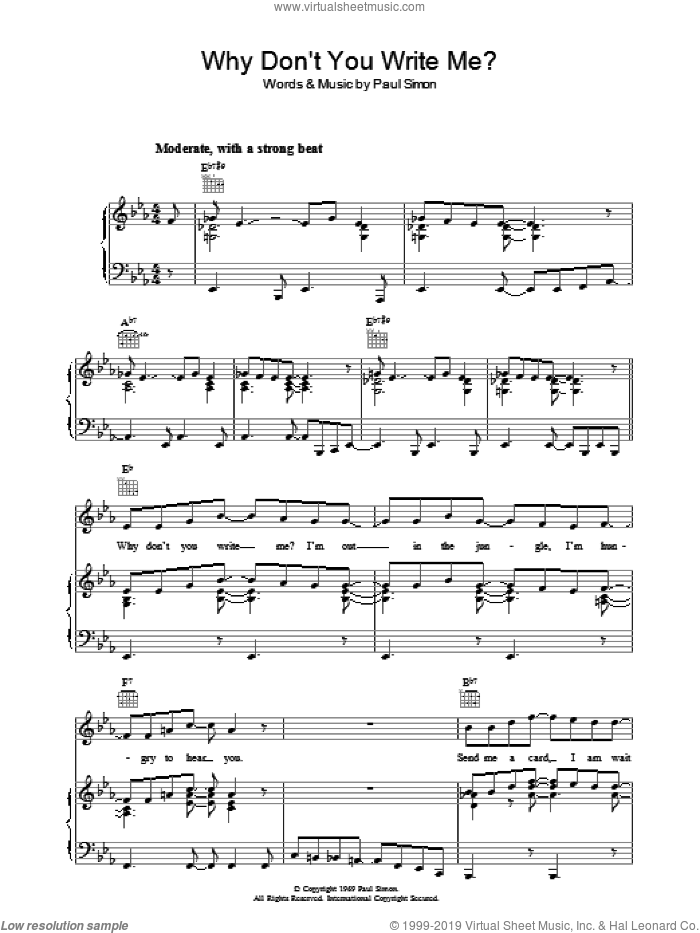 Why Don't You Write Me sheet music for voice, piano or guitar by Simon & Garfunkel and Paul Simon, intermediate skill level