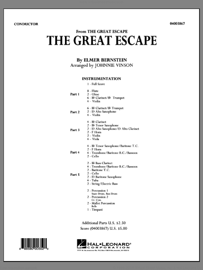The Great Escape (March) (COMPLETE) sheet music for concert band by Johnnie Vinson, Al Stillman and Elmer Bernstein, intermediate skill level