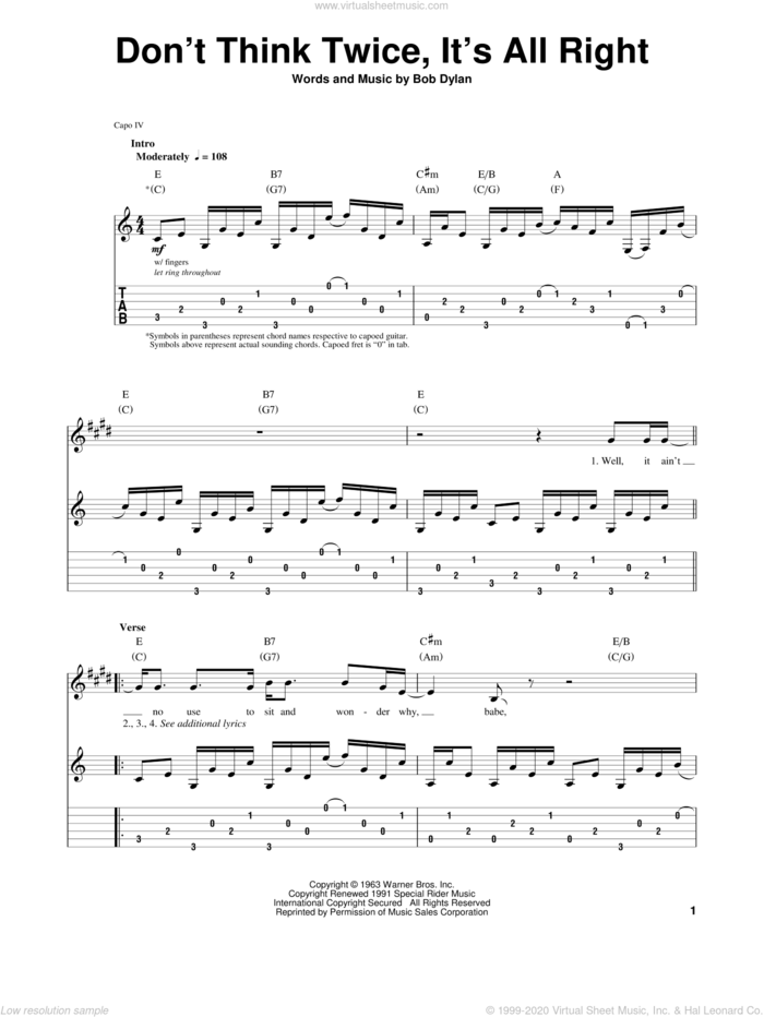 Don't Think Twice, It's All Right sheet music for guitar solo by Bob Dylan and Peter, Paul & Mary, intermediate skill level