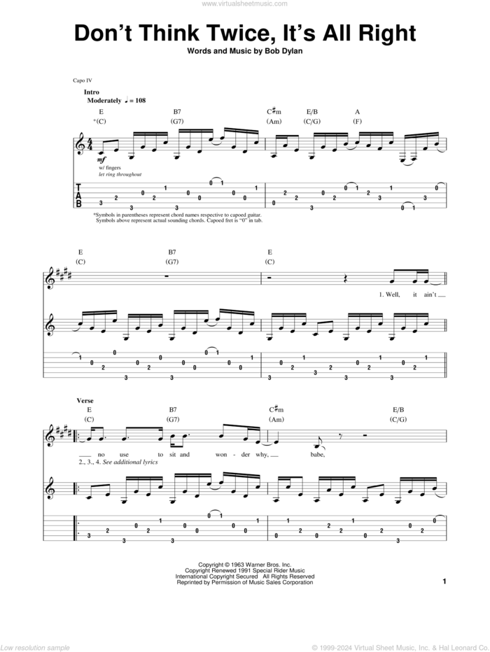 Don't Think Twice, It's All Right sheet music for guitar solo by Bob Dylan and Peter, Paul & Mary, intermediate skill level