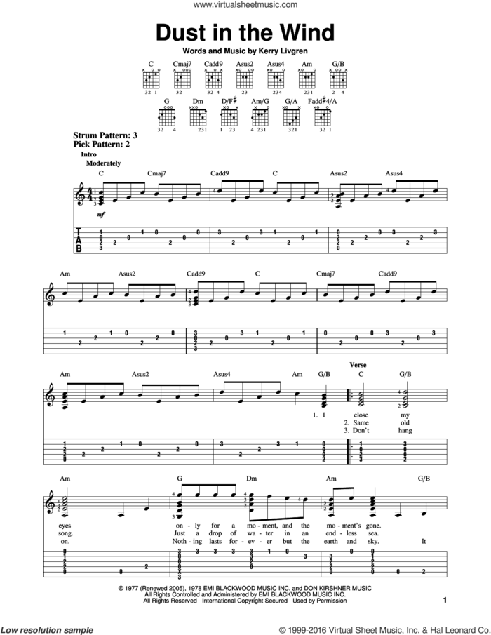 Dust In The Wind sheet music for guitar solo (easy tablature) by Kansas and Kerry Livgren, easy guitar (easy tablature)