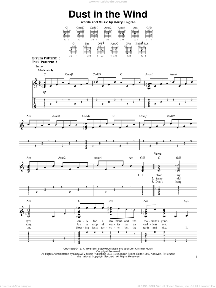 Dust In The Wind sheet music for guitar solo (easy tablature) by Kansas and Kerry Livgren, easy guitar (easy tablature)