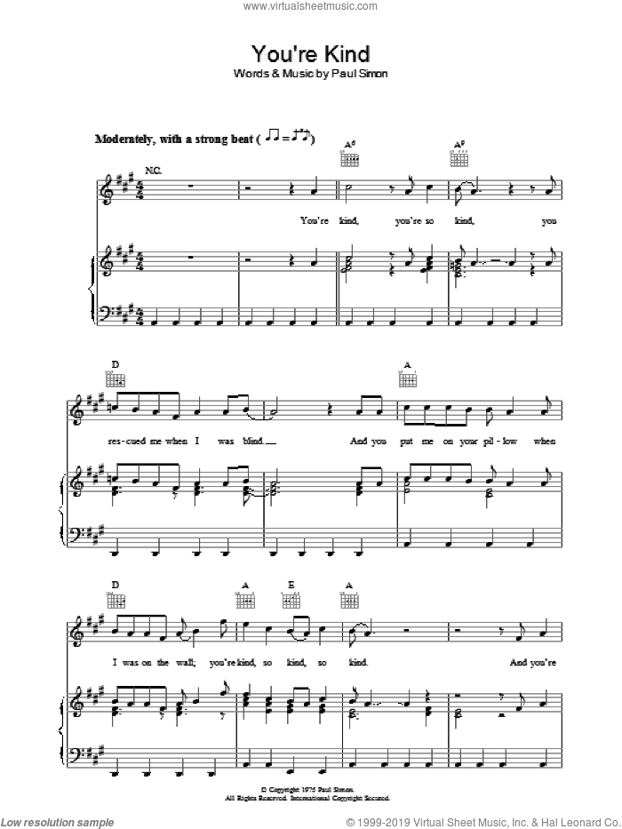 You're Kind sheet music for voice, piano or guitar by Paul Simon, intermediate skill level