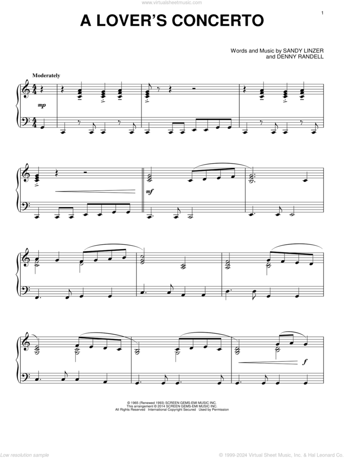 A Lover's Concerto sheet music for piano solo by The Toys, Denny Randell and Sandy Linzer, intermediate skill level