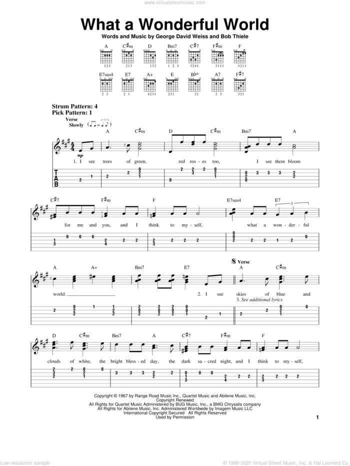 What A Wonderful World sheet music for guitar solo (easy tablature) by Louis Armstrong and Bob Thiele, easy guitar (easy tablature)