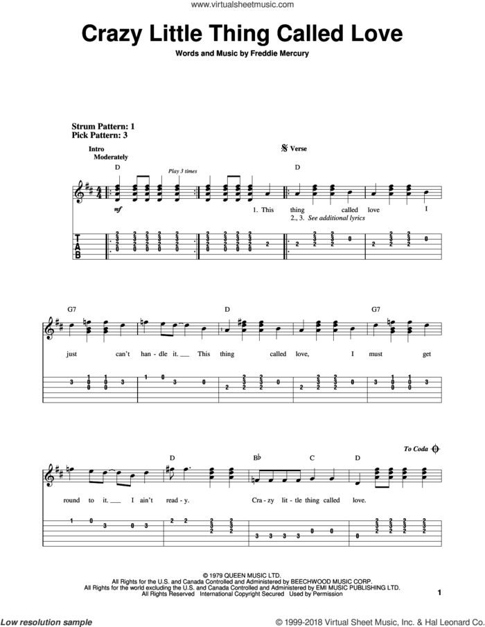 Crazy Little Thing Called Love sheet music for guitar solo (easy tablature) by Queen, Dwight Yoakam and Freddie Mercury, easy guitar (easy tablature)