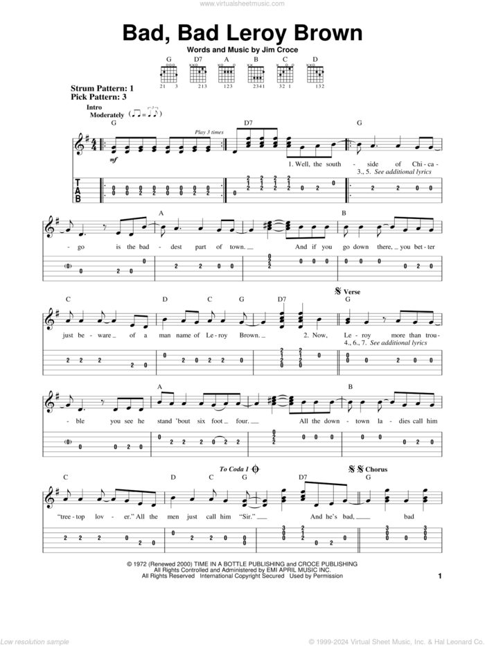 Bad, Bad Leroy Brown sheet music for guitar solo (easy tablature) by Jim Croce and Frank Sinatra, easy guitar (easy tablature)