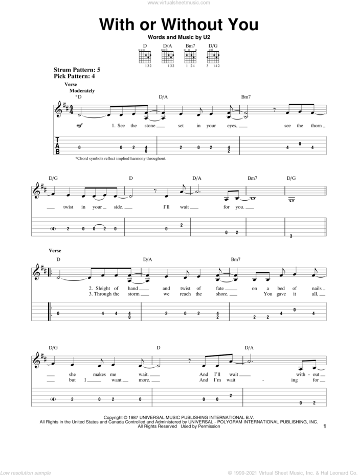 With Or Without You sheet music for guitar solo (easy tablature) by U2, easy guitar (easy tablature)
