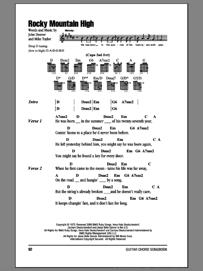 Rocky Mountain High sheet music for guitar (chords) by John Denver and Mike Taylor, intermediate skill level