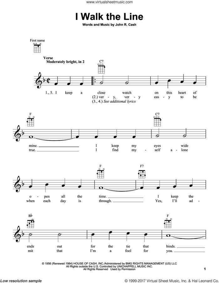 I Walk The Line sheet music for ukulele by Johnny Cash, intermediate skill level