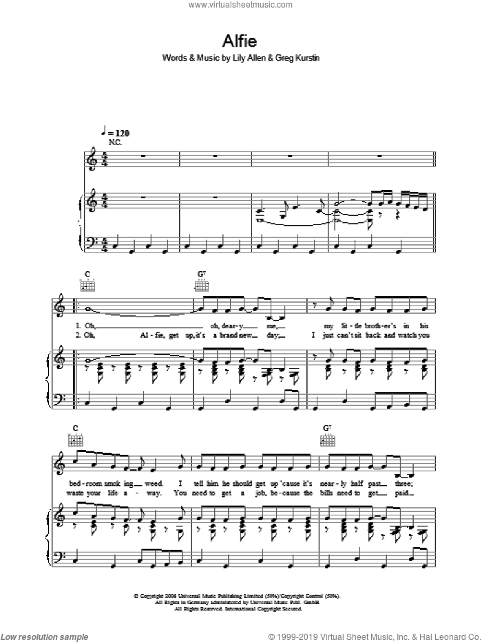 Alfie sheet music for voice, piano or guitar by Lily Allen and Greg Kurstin, intermediate skill level